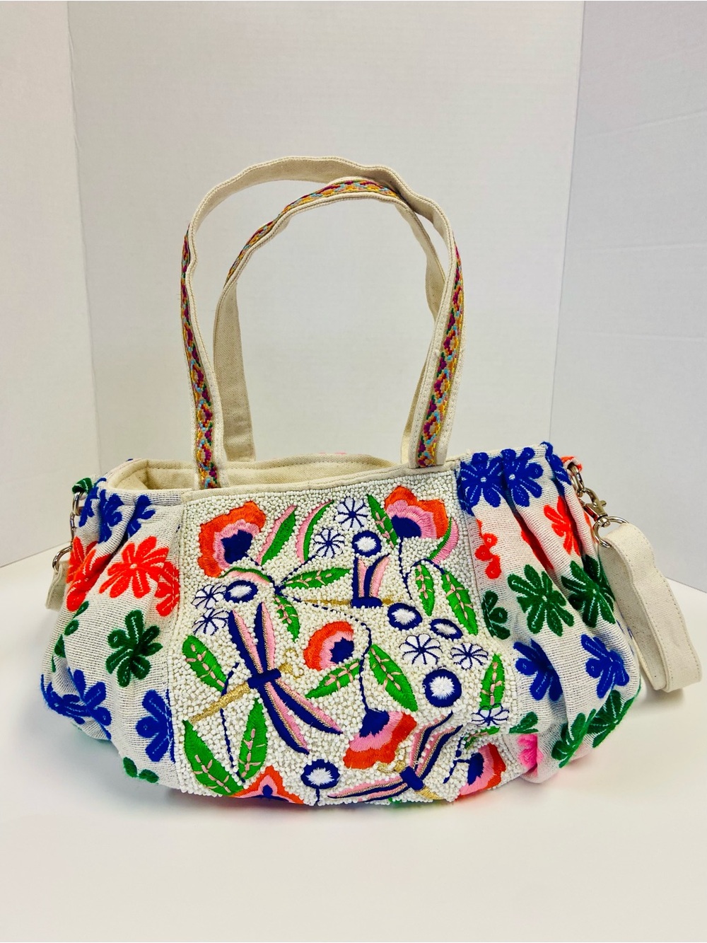 Cream Embroidered Floral Shoulder Bag with Multicolor Beadwork